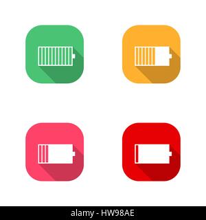 Set of square icons battery charge level, low, medium, full. Flat style with a long diagonal shadow, the horizontal arrangement of power supply compon Stock Vector