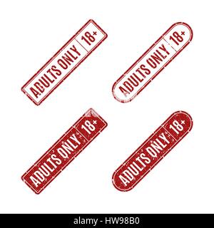 Set of four rectangular stamps adults only, grungy icons age limit, isolated on white background, vector illustration. Stock Vector