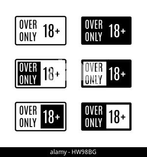 Set of black rectangular icons over only, signs age limit, isolated on white background, vector illustration. Stock Vector