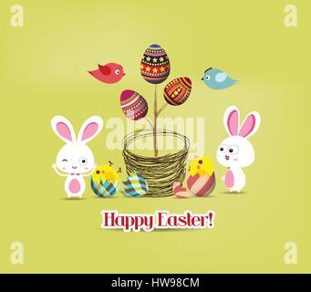 easter eggs tree bunny and birds Stock Vector