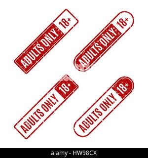 Set of four rectangular stamps adults only, grungy icons age limit, isolated on white background, vector illustration. Stock Vector