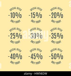 A set of nine labels discounts of ten to fifty percent in steps of five, isolated on yellow background, flat style, vector illustration. Stock Vector