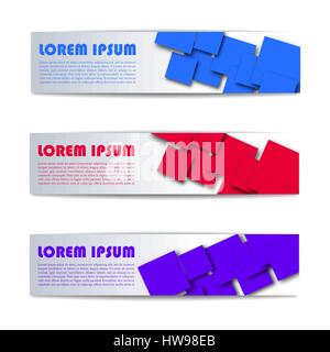 Set of three rectangular web banners with space for text, bright abstract background of overlapping squares, design template, vector illustration. Stock Vector
