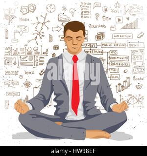 Businessman meditating with background of social network doodles sketch elements Stock Vector