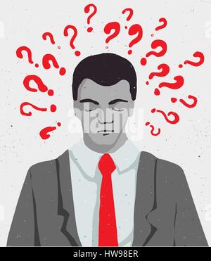 Businessman portrait - thinking man with question doodles, business illustration Stock Vector