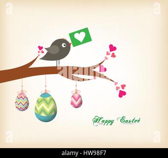 easter eggs hanging on the wire greeting card with bird Stock Vector