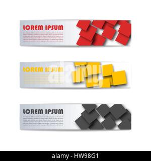Set of three rectangular web banners with space for text, bright abstract background of overlapping squares, design template, vector illustration. Stock Vector