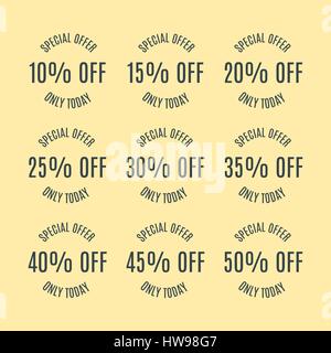 A set of nine labels discounts of ten to fifty percent in steps of five, isolated on yellow background, flat style, vector illustration. Stock Vector