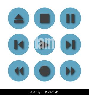 Set of nine blue round control buttons of player, media icons with shadow, isolated on white background, vector illustration. Stock Vector