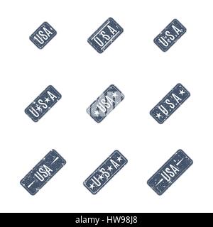 A set of rectangular grunge USA stamps isolated on white background, vector illustration. Stock Vector
