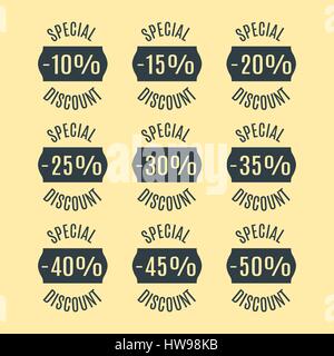 A set of nine labels discounts of ten to fifty percent in steps of five, isolated on yellow background, flat style, vector illustration. Stock Vector