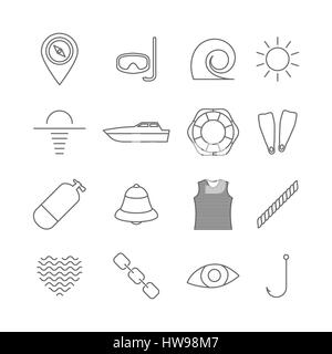 Set icons outline nautical of thin lines, isolated on white background. Design elements marine navigation items, vector illustration. Stock Vector