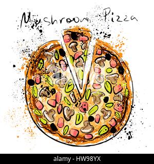 Mushroom pizza, drawn in chalk on a blackboard Stock Vector