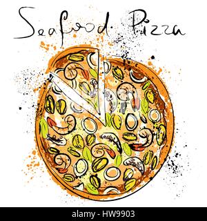 Seafood pizza, drawn in chalk on a blackboard Stock Vector