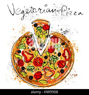 Vegetable pizza, drawn in chalk on a blackboard Stock Vector