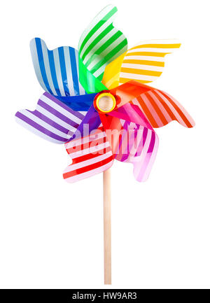 Pinwheel toy windmill multicolor garden wind spinner on white. Image included clipping path Stock Photo