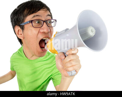 Asian Chinese Man Shouting with a Megaphone in isolated White Background Stock Photo