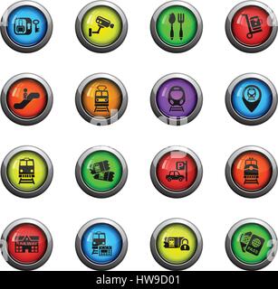 railway station icons on color round glass buttons for your design Stock Vector