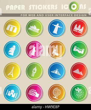 travel and wonders icons on color paper stickers for your design Stock Vector