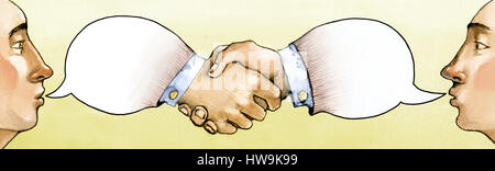 the 2 Guys profile talk and the bubble of their speech become handshake Stock Photo
