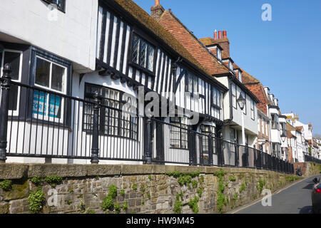 Hastings Old Town High Street, half timbered tudor houses on the raised pavement, East Sussex, England, Britain, UK, GB, Stock Photo