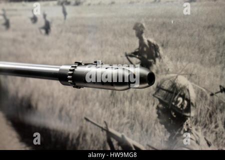 Detail of a Winchester Salvo rifle, designed to spray a deluge of projectiles, Springfield Armory National Historic Site, Springfield, Ma, USA. Stock Photo