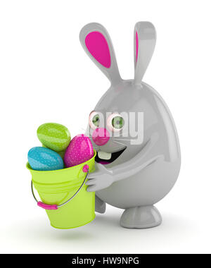 3d rendering of Easter bunny with pail and  painted eggs over white Stock Photo