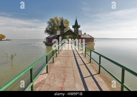 Bath island Szigetfurdo and long bridge on the lake Balaton in Keszthely, Hungary. Stock Photo