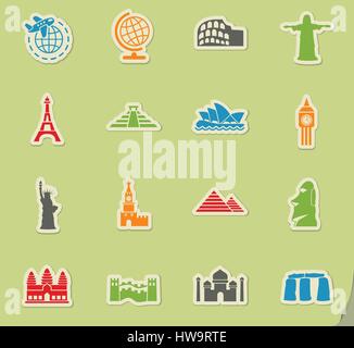 travel and wonders web icons on color paper stickers for user interface Stock Vector