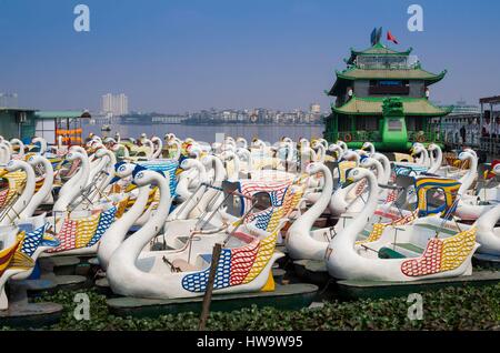 Vietnam, Hanoi, Tay Ho, West Lake, floating restaurant and swan boats Stock Photo