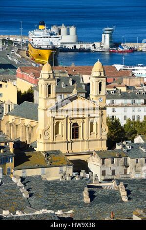France, Haute Corse, Bastia, St Jean Baptiste Church and the commercial harbor in the background Stock Photo