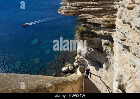 France, Corse du Sud, Bonifacio, the staircase of the King of Aragon sculpted in the limestone cliffs Stock Photo
