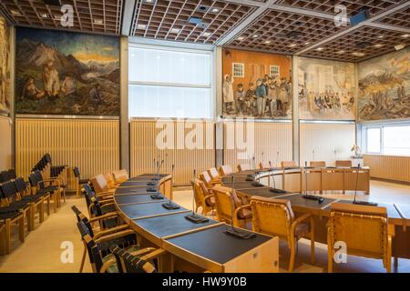 Greenland, Nuuk, Nuuk City Hall, council chambers with Hans Lynge tapestries Stock Photo