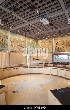 Greenland, Nuuk, Nuuk City Hall, council chambers with Hans Lynge tapestries and polar bear rug Stock Photo