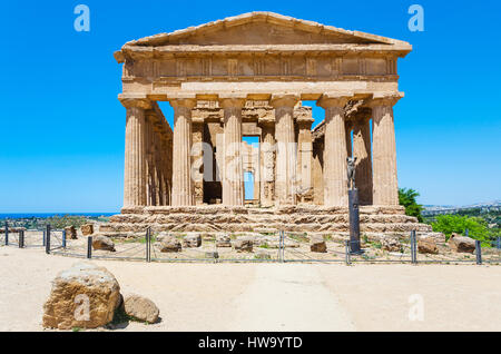 AGRIGENTO, ITALY - JUNE 29, 2011: front view of Tempio della Concordia in Valley of the Temples in Sicily. This area has largest and best-preserved an Stock Photo