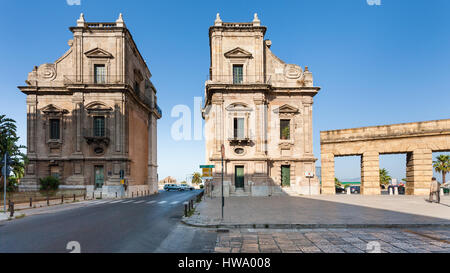 PALERMO, ITALY - JUNE 24, 2011: Porta Felice is monumental gateway in La Cala (old port) in Palermo city. Porta Felice was built in Renaissance and Ba Stock Photo