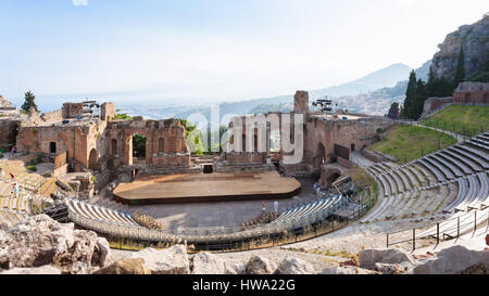 travel to Italy - view of ancient Teatro Greco (Greek Theatre) in Taormina city in Sicily Stock Photo