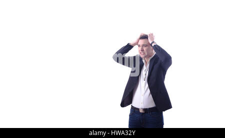 Young busy exhausted angry business man holding his head, white background Stock Photo