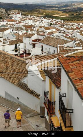 Spain, Andalusia, Cadix, Olvera, view of a white village on a rocky promontory at dawn Stock Photo