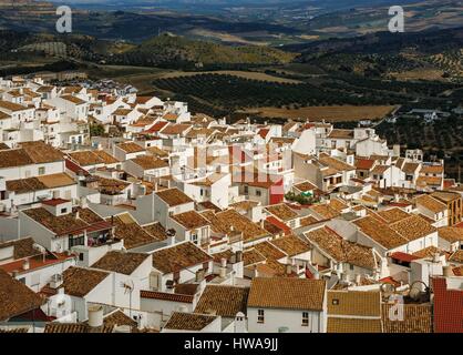 Spain, Andalusia, Cadix, Olvera, view of a white village on a rocky promontory at dawn Stock Photo