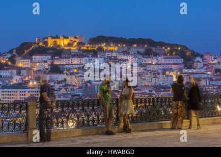 Portugal, Lisbon, district Bairro Alto, the Miradouro de Sao Pedro de Alcantara, view of the town and the Castelo Sao Jorge or the castle Saint-George Stock Photo