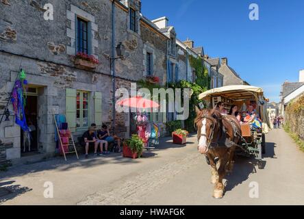 France, Morbihan, Rochefort en Terre, labelled Les Plus Beaux Villages de France (The Most Beautiful Villages of France), cariole horse in castle stre Stock Photo