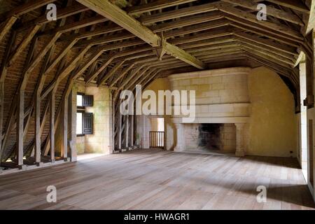 France, Dordogne, Périgord Vert, Villars, Puyguilhem castle, the oak beams in overturned hull boat shaped Stock Photo