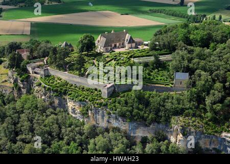 France, Dordogne, Perigord Noir, Dordogne Valley, Vezac, Les Jardins du château de Marqueyssac of the 18th century, park and castle (aerial view) Stock Photo