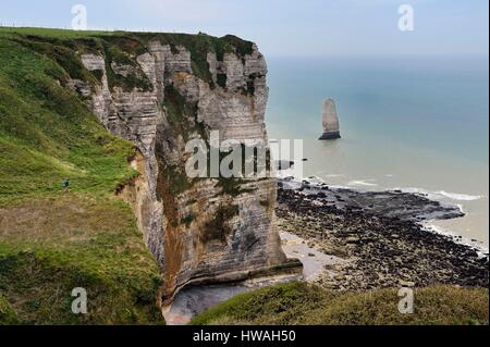 France, Seine-Maritime, Pays de Caux, Alabaster Coast (Cote d'Albatre), hiker on the GR 21 between Etretat and Yport, Aiguille (Needle) of Belval and Stock Photo