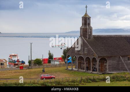 Chile, Chiloe Archipelago, Quinchao Island, Quinchao, Iglesia de Quinchao church, exterior Stock Photo