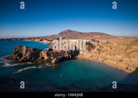 Spain, Canary Islands, Lanzarote, Playa Blanco, Punta del Papagayo, elevated view of Playa Mujeres and Playa del Pozo beaches Stock Photo