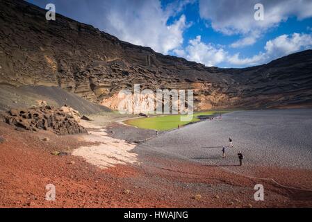 Spain, Canary Islands, Lanzarote, El Golfo, view of the Charco de los Clicos pool, site of the Raquel Welch film, One Million Years BC Stock Photo