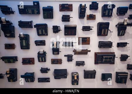 Germany, Nordrhein-Westfalen, Bonn, Arithmeum, museum of technology, science and art, interior with adding machines Stock Photo