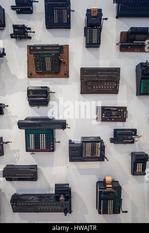 Germany, Nordrhein-Westfalen, Bonn, Arithmeum, museum of technology, science and art, interior with adding machines Stock Photo